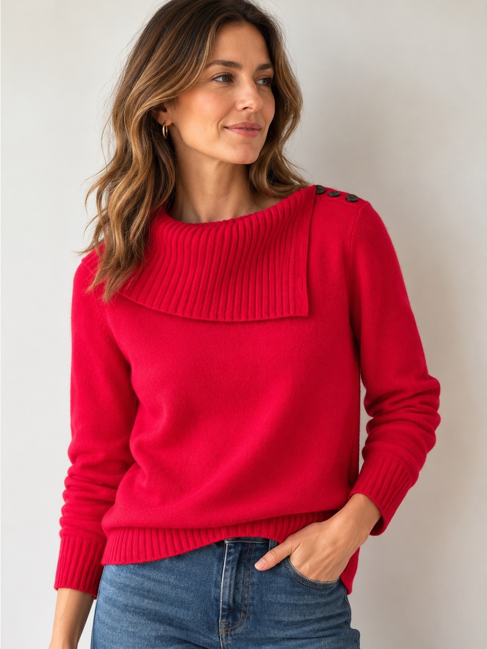 Anne Taylor 100% Cashmere Red Button Diagonal Cowl Sweater - S